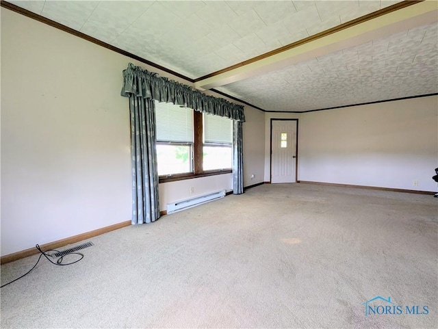 6151 The Bend Rd, Ney, OH 43549 - unfurnished room with a baseboard radiator, carpet floors, ornamental molding, and beamed ceiling
