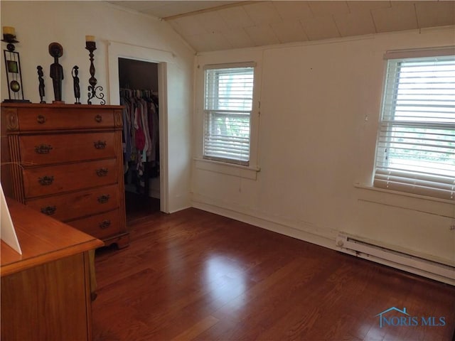 200 Pleasant St, Archbold, OH 43502 - bedroom featuring baseboard heating, dark wood-type flooring, a closet, and lofted ceiling