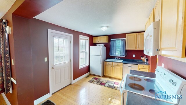 420 Ames St, Clyde, OH 43410 - kitchen with white appliances, light brown cabinetry, dark countertops, and light wood-style flooring