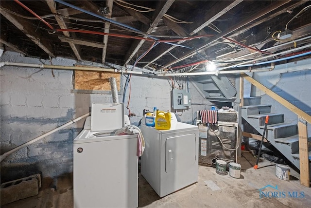 743 Clark St, Toledo, OH 43605 - unfinished below grade area with washing machine and dryer, stairway, and electric panel