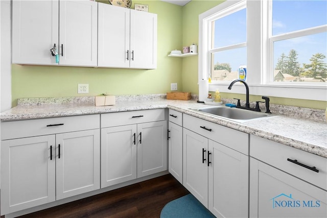 1130 Alger St, Fremont, OH 43420 - kitchen featuring dark wood-type flooring, white cabinets, and light stone countertops