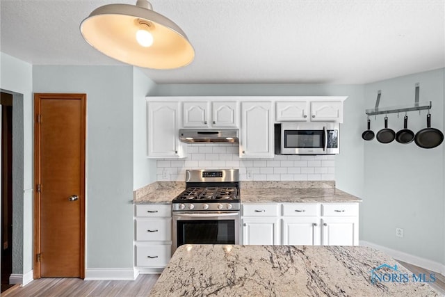 1528 Indian Creek Dr, Perrysburg, OH 43551 - kitchen featuring appliances with stainless steel finishes, under cabinet range hood, wood finished floors, light stone counters, and decorative backsplash