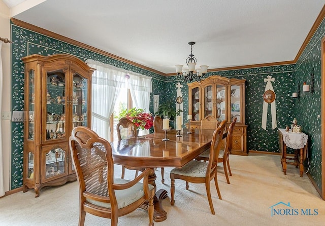 7325 Winsford Ln, Sylvania, OH 43560 - dining area featuring ornamental molding, wallpapered walls, a chandelier, and light carpet