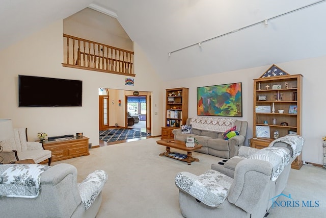 7325 Winsford Ln, Sylvania, OH 43560 - carpeted living area with rail lighting and high vaulted ceiling