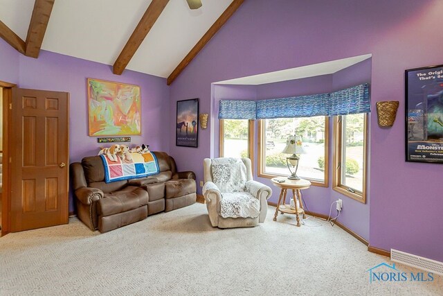 7325 Winsford Ln, Sylvania, OH 43560 - carpeted living area with beam ceiling and high vaulted ceiling