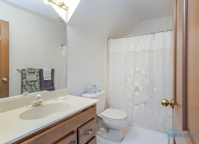 7325 Winsford Ln, Sylvania, OH 43560 - full bath featuring lofted ceiling, vanity, tile patterned floors, and curtained shower