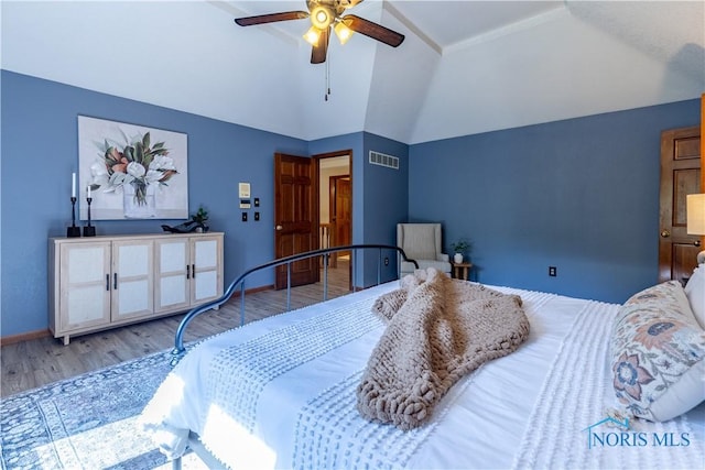 2325 Saint Roberts Ln, Toledo, OH 43617 - bedroom featuring wood finished floors, high vaulted ceiling, and ceiling fan