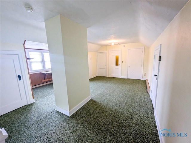 120 Elm St, Fostoria, OH 44830 - carpeted spare room featuring vaulted ceiling, a baseboard radiator, and a smoke detector