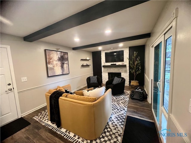 3822 Sylvan Wood Dr, Sylvania, OH 43560 - living room featuring beamed ceiling, wood finished floors, a fireplace, and recessed lighting