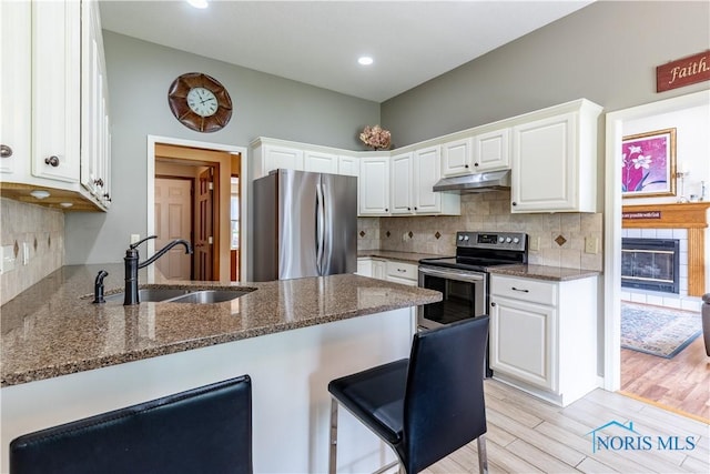 6666 Brick Yard Ct, Maumee, OH 43537 - kitchen with stainless steel appliances, under cabinet range hood, a peninsula, a breakfast bar, and white cabinetry