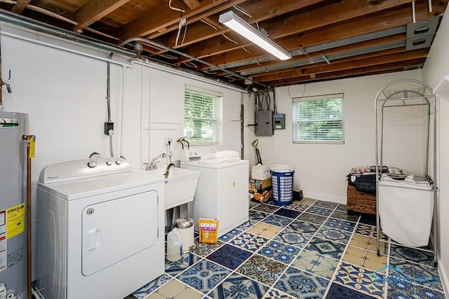 2338 Greenlawn Dr, Toledo, OH 43614 - washroom featuring washer and clothes dryer, electric panel, water heater, and plenty of natural light
