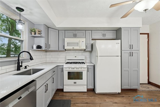 824 Edgehill Rd, Findlay, OH 45840 - kitchen featuring white appliances, gray cabinetry, open shelves, decorative backsplash, and light countertops