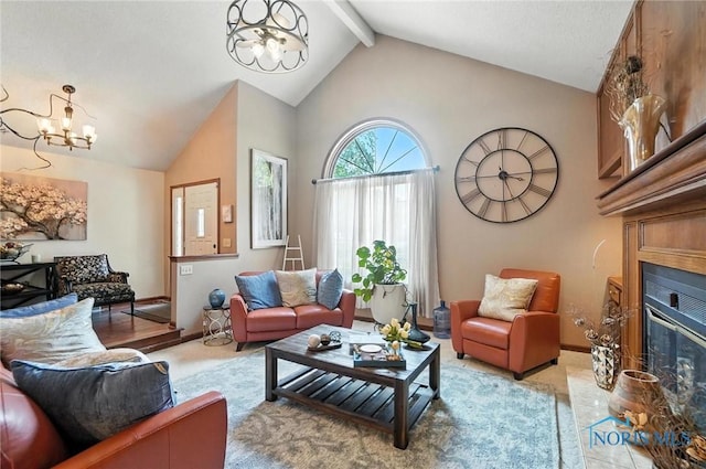 4871 Olde Meadow Ln, Sylvania, OH 43560 - living room featuring a chandelier, a glass covered fireplace, beam ceiling, and high vaulted ceiling