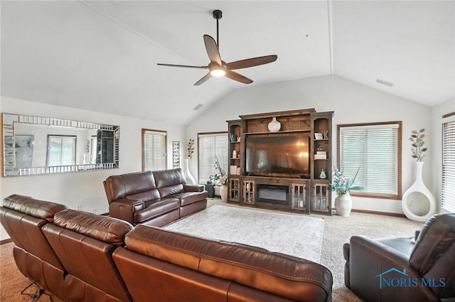 4871 Olde Meadow Ln, Sylvania, OH 43560 - living room with carpet floors, a ceiling fan, and lofted ceiling