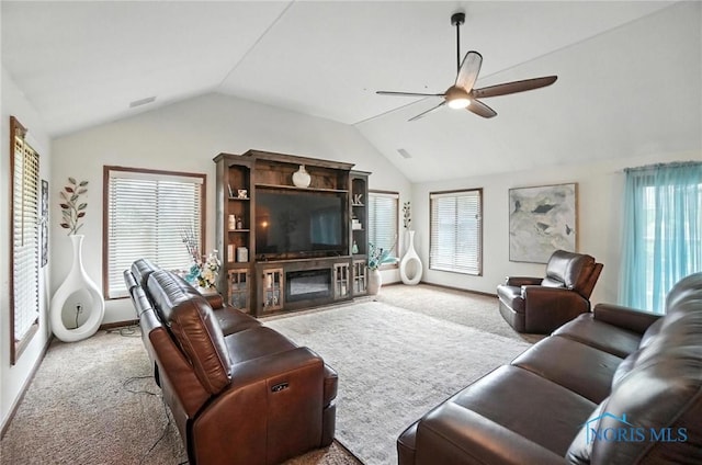 4871 Olde Meadow Ln, Sylvania, OH 43560 - carpeted living room featuring ceiling fan and vaulted ceiling