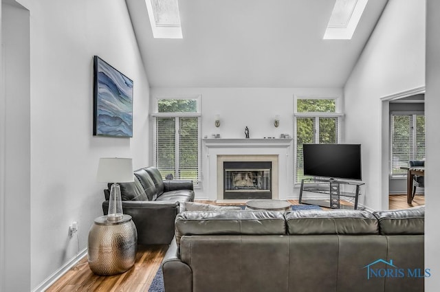 2923 Belle Glade Dr, Toledo, OH 43617 - living area featuring a skylight, wood finished floors, a glass covered fireplace, plenty of natural light, and high vaulted ceiling