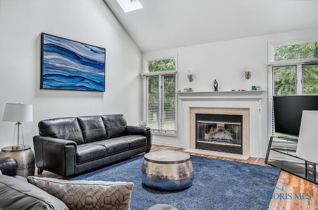 2923 Belle Glade Dr, Toledo, OH 43617 - living room with wood finished floors, healthy amount of natural light, a glass covered fireplace, vaulted ceiling, and a skylight