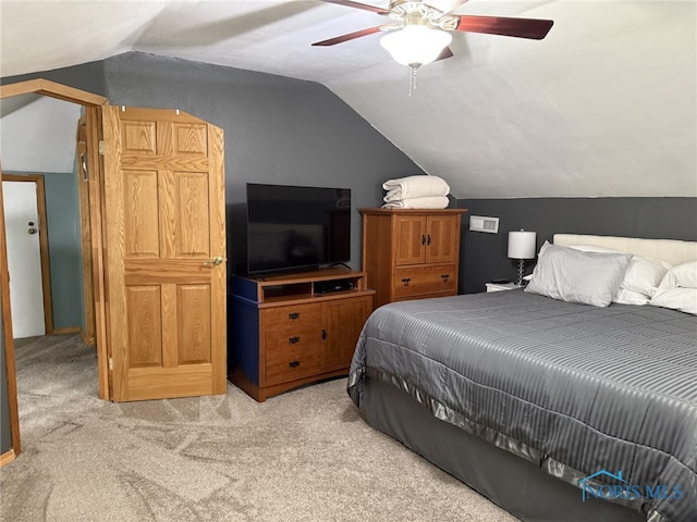 441 S Pine St, Deshler, OH 43516 - bedroom featuring light carpet, lofted ceiling, and ceiling fan