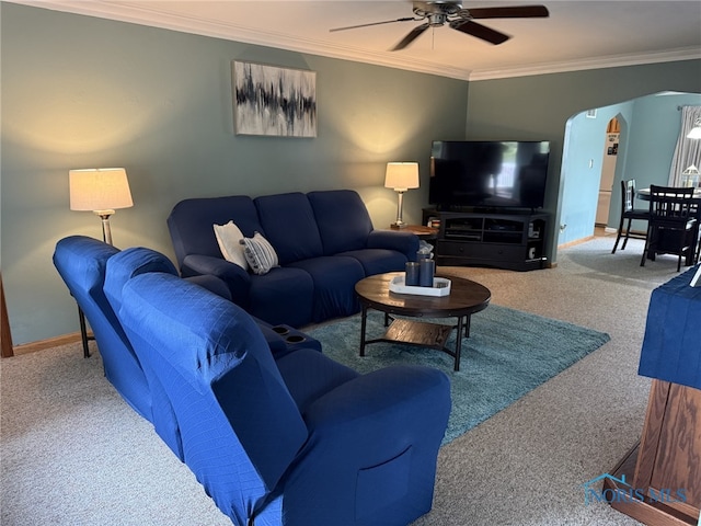 441 S Pine St, Deshler, OH 43516 - living room with carpet, a ceiling fan, arched walkways, and crown molding