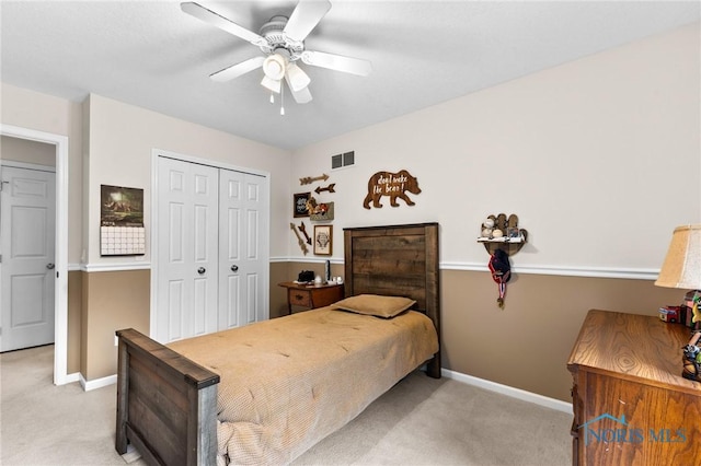 14285 Cuckle Creek Rd, Bowling Green, OH 43402 - bedroom with light colored carpet, a closet, and ceiling fan