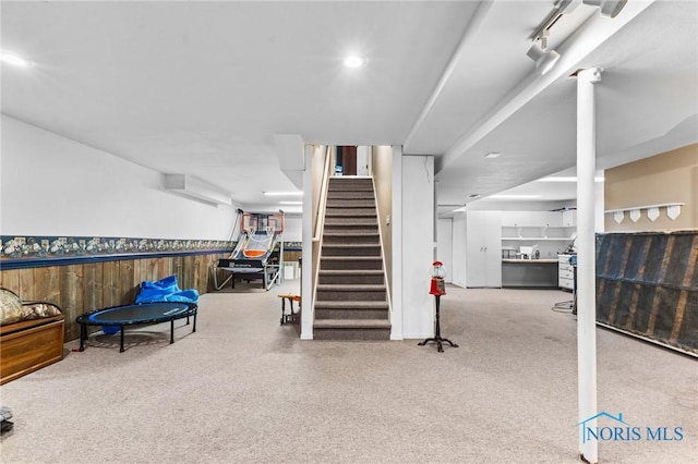 14285 Cuckle Creek Rd, Bowling Green, OH 43402 - finished below grade area with a wainscoted wall, stairs, wooden walls, and carpet