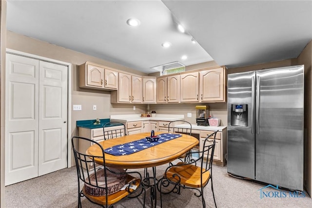 14285 Cuckle Creek Rd, Bowling Green, OH 43402 - kitchen with stainless steel fridge, light colored carpet, light brown cabinetry, recessed lighting, and light countertops