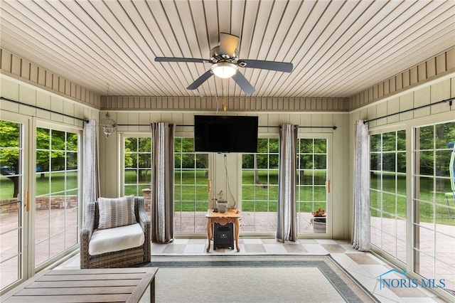14285 Cuckle Creek Rd, Bowling Green, OH 43402 - sunroom with ceiling fan, wood ceiling, a wood stove, wooden walls, and french doors