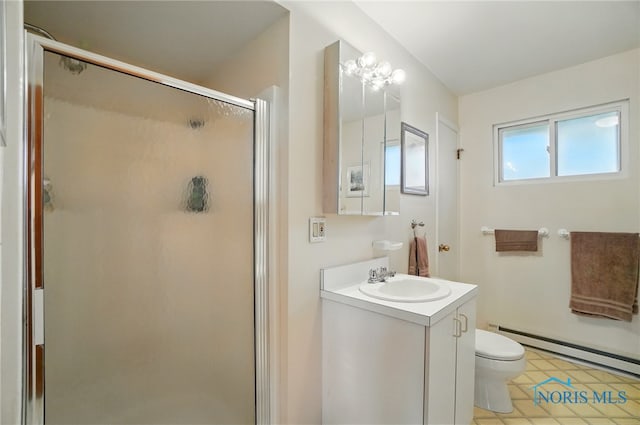 2519 Melva Ct, Toledo, OH 43611 - bathroom with a stall shower, vanity, a baseboard heating unit, and tile patterned flooring