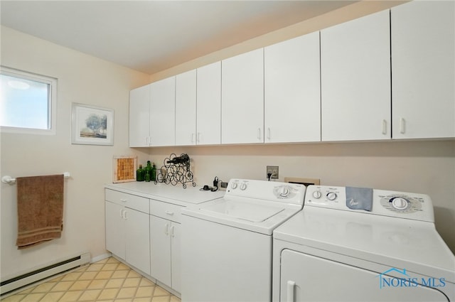 2519 Melva Ct, Toledo, OH 43611 - laundry room featuring a baseboard radiator, cabinet space, and washing machine and dryer