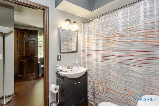 5226 Summer Dr, Sylvania, OH 43560 - bathroom featuring vanity, wood finished floors, and a shower with curtain