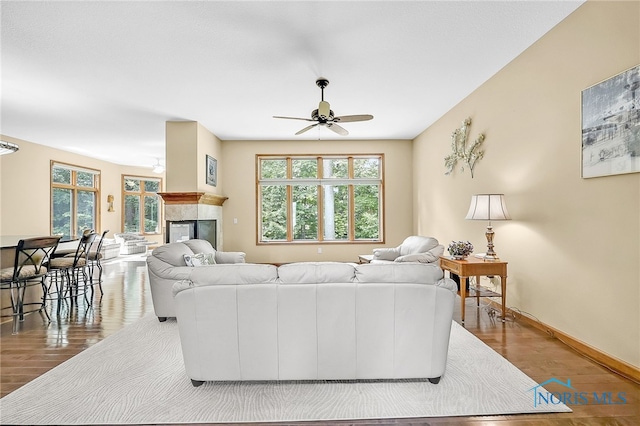 4068 Deer Ravine Ct, Maumee, OH 43537 - living room featuring a ceiling fan, wood finished floors, healthy amount of natural light, and a fireplace