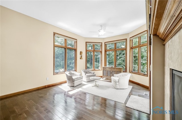 4068 Deer Ravine Ct, Maumee, OH 43537 - living area featuring dark wood-type flooring, a ceiling fan, and a fireplace