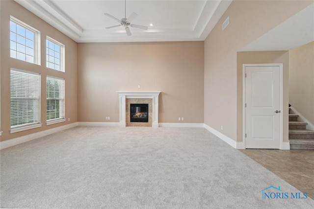 4382 Morgan Pl, Perrysburg, OH 43551 - unfurnished living room featuring ceiling fan, a fireplace, stairs, carpet flooring, and recessed lighting