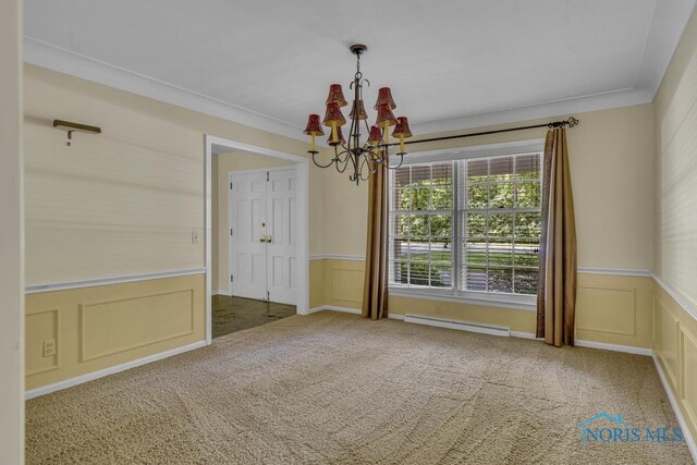 3432 Corey Rd, Toledo, OH 43615 - spare room featuring a chandelier, a baseboard radiator, carpet, wainscoting, and a decorative wall