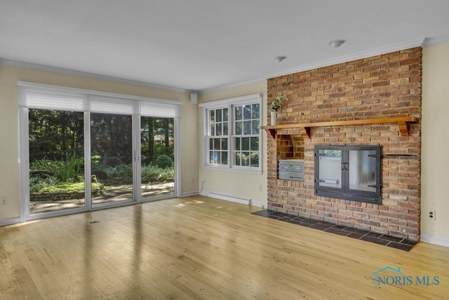 3432 Corey Rd, Toledo, OH 43615 - unfurnished living room featuring crown molding, wood finished floors, plenty of natural light, a fireplace, and baseboard heating