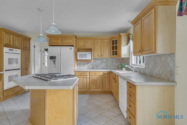 3432 Corey Rd, Toledo, OH 43615 - kitchen featuring white appliances, light tile patterned flooring, light countertops, and glass insert cabinets