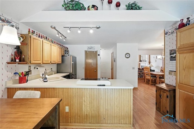 1780 Lexington Dr, Perrysburg, OH 43551 - kitchen featuring freestanding refrigerator, open shelves, light wood finished floors, light brown cabinets, and light countertops