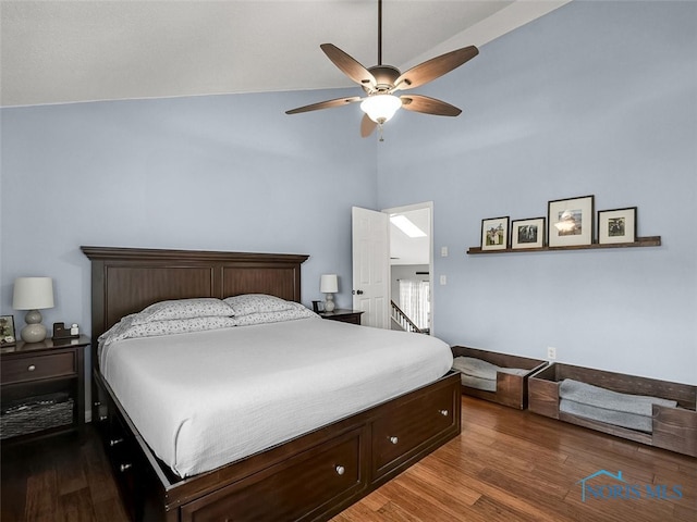 5425 Tulane Ave, Toledo, OH 43611 - bedroom featuring high vaulted ceiling, wood finished floors, and a ceiling fan