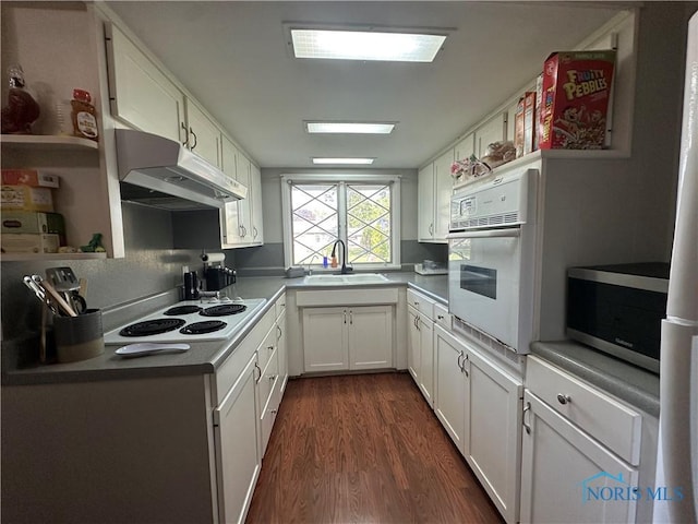 101 Maplewood Dr, Pandora, OH 45877 - kitchen with white appliances, under cabinet range hood, dark wood-style flooring, and white cabinetry