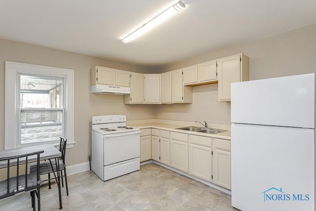 2529 Foraker Ave, Toledo, OH 43609 - kitchen with white appliances, under cabinet range hood, and light countertops