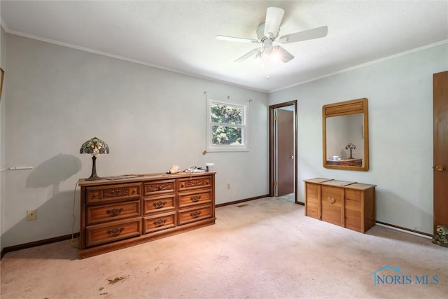 7948 Holstein Rd, Toledo, OH 43617 - bedroom featuring light colored carpet, ornamental molding, and ceiling fan