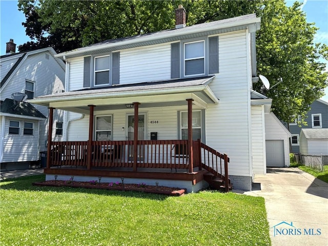 4544 Commonwealth Ave, Toledo, OH 43612 - view of front facade featuring covered porch, a front lawn, a chimney, and driveway