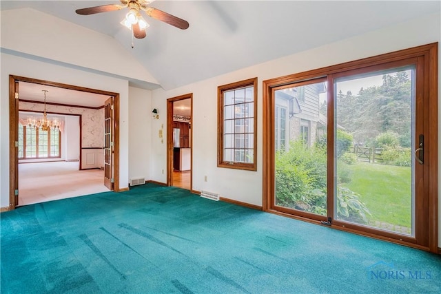 5301 River Oaks Ct, Sylvania, OH 43560 - unfurnished room featuring carpet floors, a chandelier, ceiling fan, and vaulted ceiling