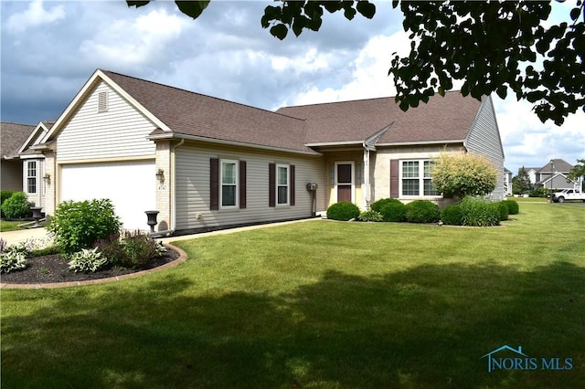4547 Harbour Creek Ct, Maumee, OH 43537 - ranch-style home with a front yard, an attached garage, a shingled roof, and brick siding