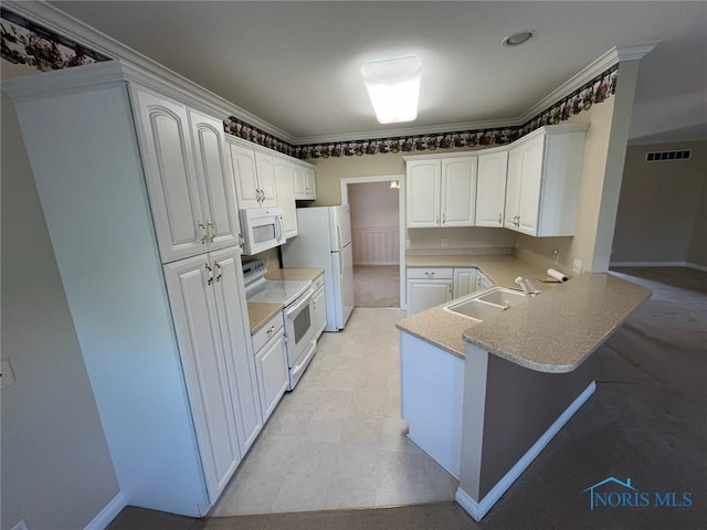 4547 Harbour Creek Ct, Maumee, OH 43537 - kitchen with white appliances, a peninsula, white cabinetry, ornamental molding, and light countertops