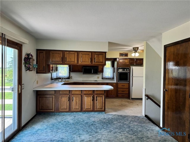 410 E Bartlow St, Deshler, OH 43516 - kitchen featuring black appliances, light carpet, a peninsula, light countertops, and plenty of natural light