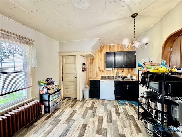 620 Division St, Defiance, OH 43512 - kitchen featuring dishwasher, radiator, light wood finished floors, dark cabinets, and wood walls
