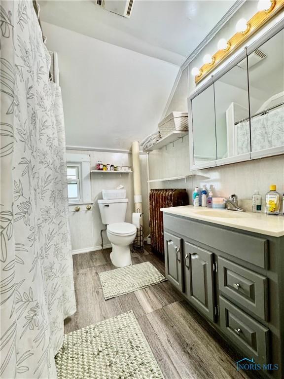 620 Division St, Defiance, OH 43512 - bathroom featuring vanity, lofted ceiling, wood finished floors, and a shower with curtain