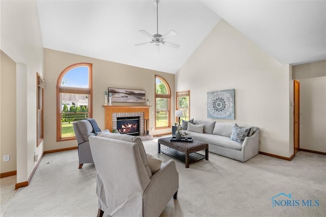 14691 Ramblehurst Dr, Perrysburg, OH 43551 - living room featuring high vaulted ceiling, light colored carpet, ceiling fan, and a fireplace
