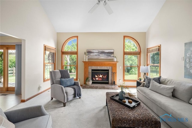14691 Ramblehurst Dr, Perrysburg, OH 43551 - living area featuring plenty of natural light, carpet flooring, high vaulted ceiling, and ceiling fan